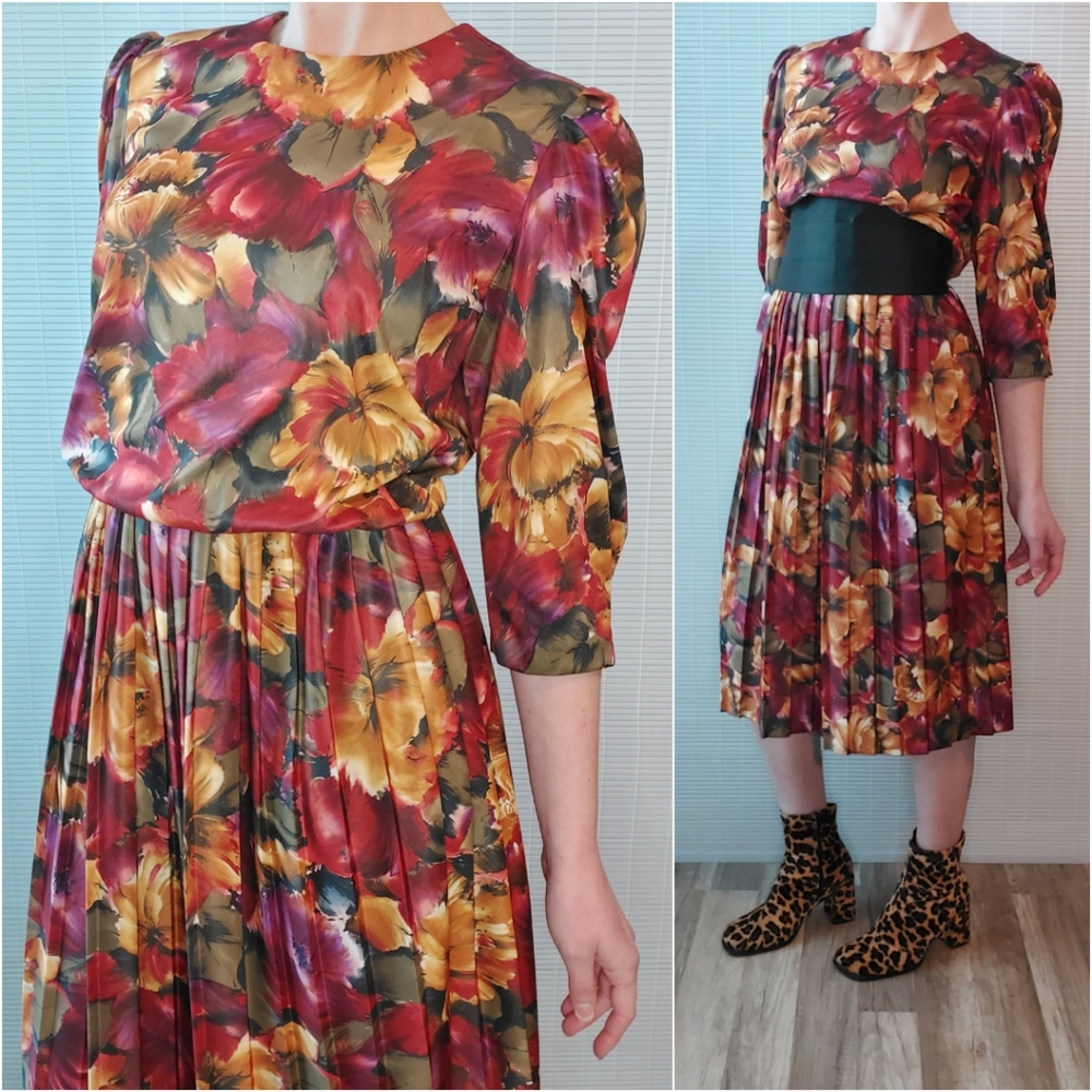 Vintage 80s Floral Long Sleeve Midi Dress Large Pleated Skirt